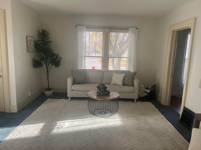 living room featuring dark colored carpet