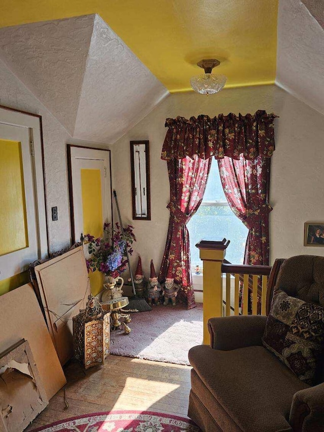 carpeted living room with lofted ceiling and a textured ceiling