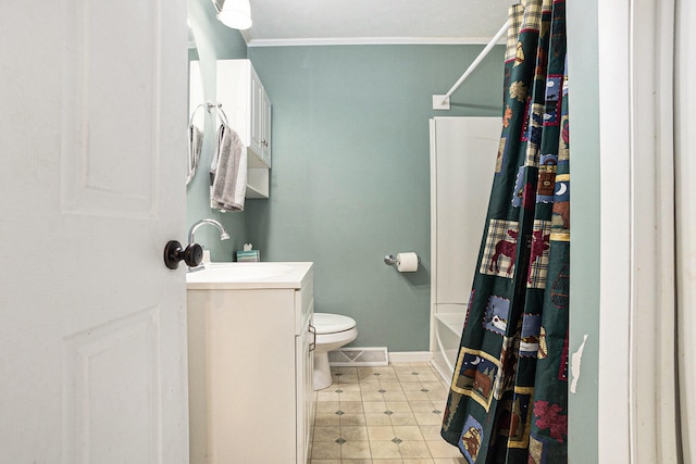 full bathroom featuring tile patterned floors, ornamental molding, vanity, shower / tub combo with curtain, and toilet