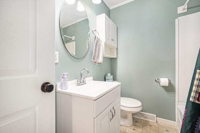 full bathroom with vanity, toilet, ornamental molding, and shower / tub combo with curtain