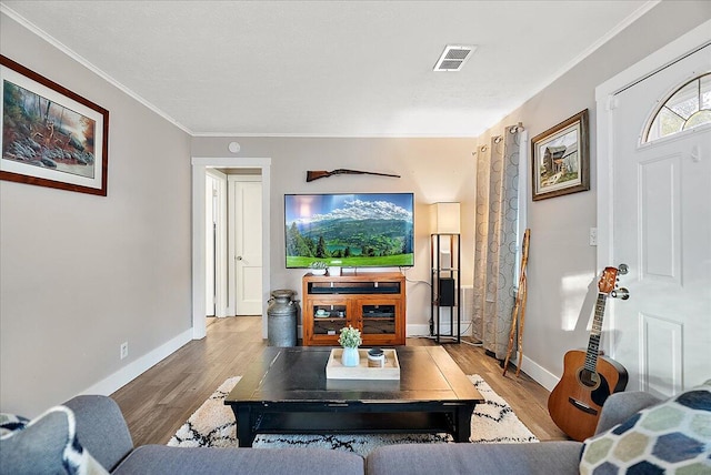 living room with ornamental molding and light hardwood / wood-style flooring