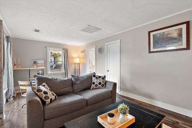 living room with a textured ceiling, hardwood / wood-style flooring, and crown molding