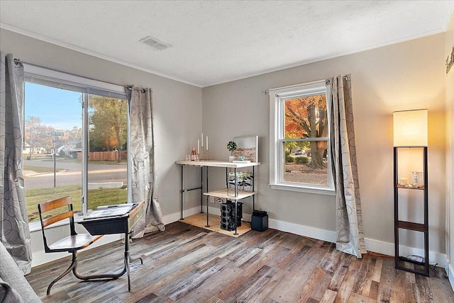 interior space featuring a textured ceiling, wood-type flooring, crown molding, and a wealth of natural light