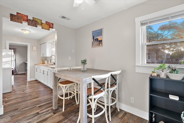 dining room featuring a textured ceiling, sink, dark wood-type flooring, and washer / clothes dryer