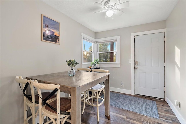 dining room with dark hardwood / wood-style floors and ceiling fan