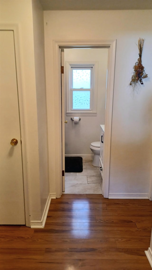 bathroom with hardwood / wood-style floors and vanity