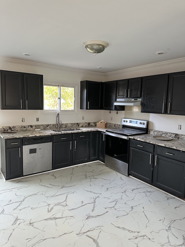 kitchen with crown molding, sink, and appliances with stainless steel finishes