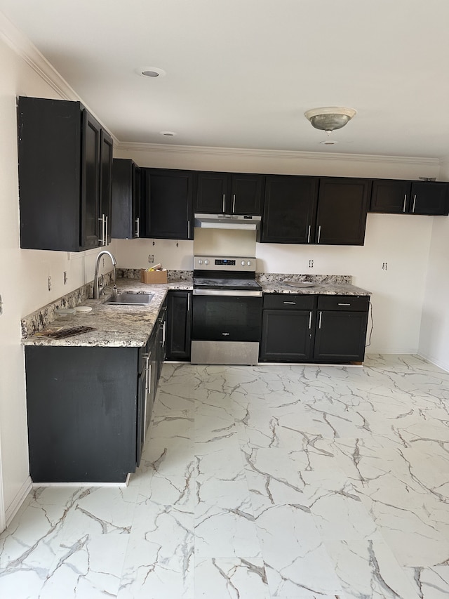 kitchen with light stone countertops, stainless steel electric stove, crown molding, and sink