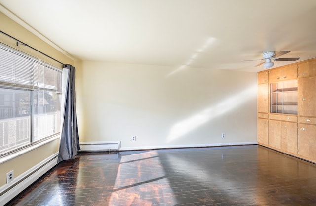 empty room with dark hardwood / wood-style floors, ceiling fan, and a baseboard heating unit