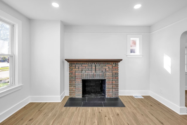 room details with a fireplace and wood-type flooring