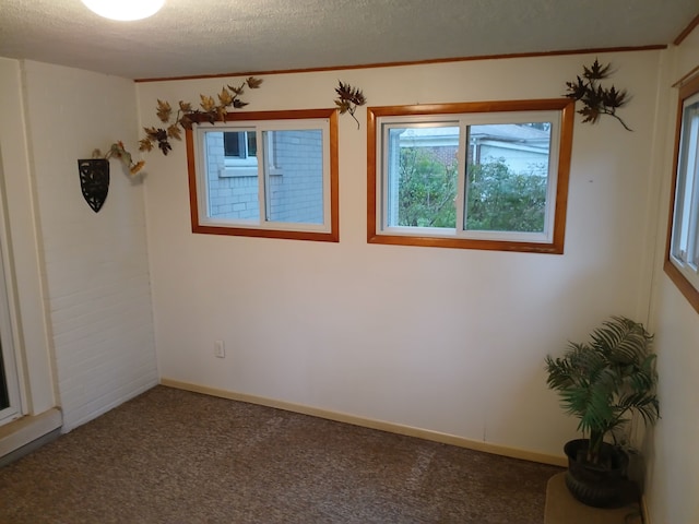 carpeted empty room featuring a textured ceiling