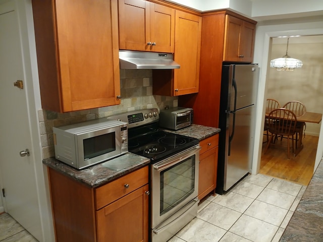 kitchen featuring backsplash, light hardwood / wood-style flooring, stainless steel appliances, and a notable chandelier