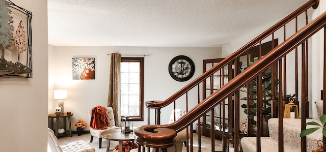 sitting room featuring a textured ceiling and carpet floors