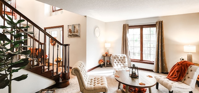 sitting room with carpet floors and a textured ceiling