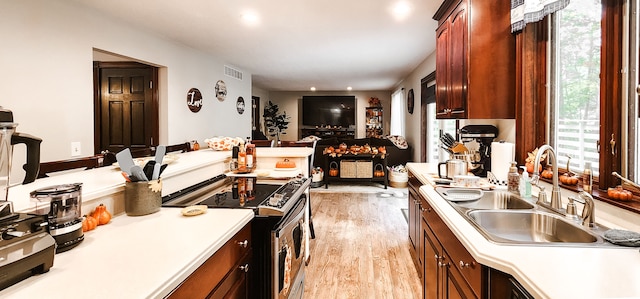 kitchen with light wood-type flooring, stainless steel electric stove, and sink