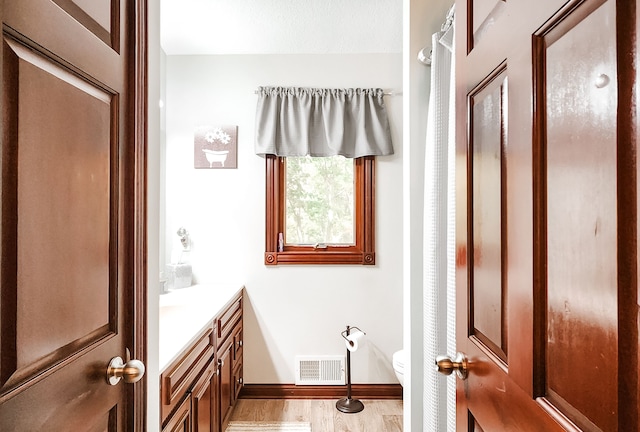 bathroom with vanity, toilet, and wood-type flooring