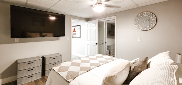 bedroom featuring ceiling fan, a closet, a drop ceiling, and light wood-type flooring