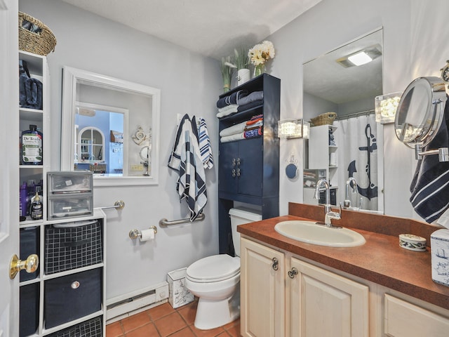 bathroom with tile patterned floors, vanity, toilet, and a baseboard heating unit