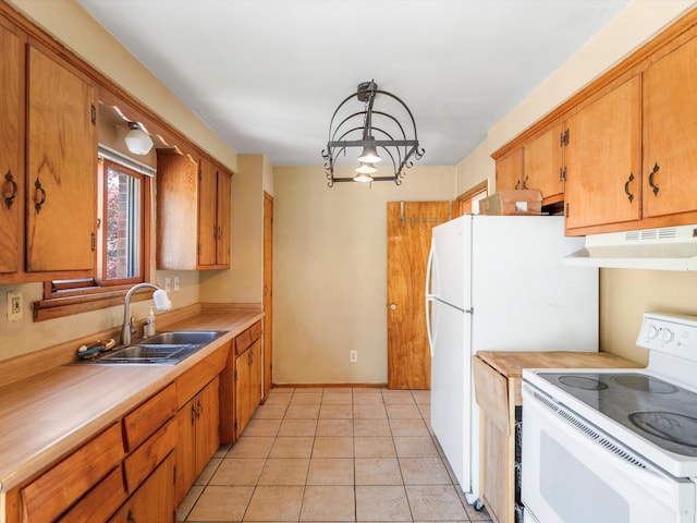 24524 Beck Ave, Eastpointe, MI 48021 - kitchen with white electric stove, under cabinet range hood, a sink, light countertops, and a chandelier