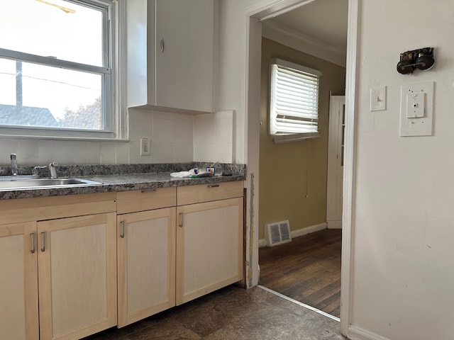 kitchen featuring decorative backsplash, sink, dark wood-type flooring, and a wealth of natural light