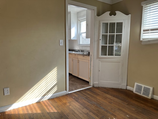 doorway with sink, dark wood-type flooring, and a wealth of natural light