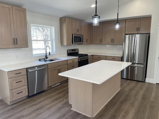 2412 W Garfield, New Era, MI 49446 - kitchen featuring dark wood-type flooring, light countertops, a sink, and stainless steel appliances