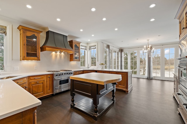 kitchen featuring custom range hood, appliances with stainless steel finishes, a center island, light countertops, and pendant lighting