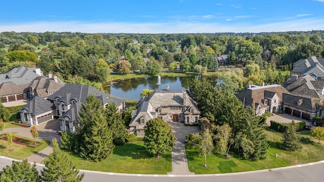 aerial view featuring a water view and a residential view