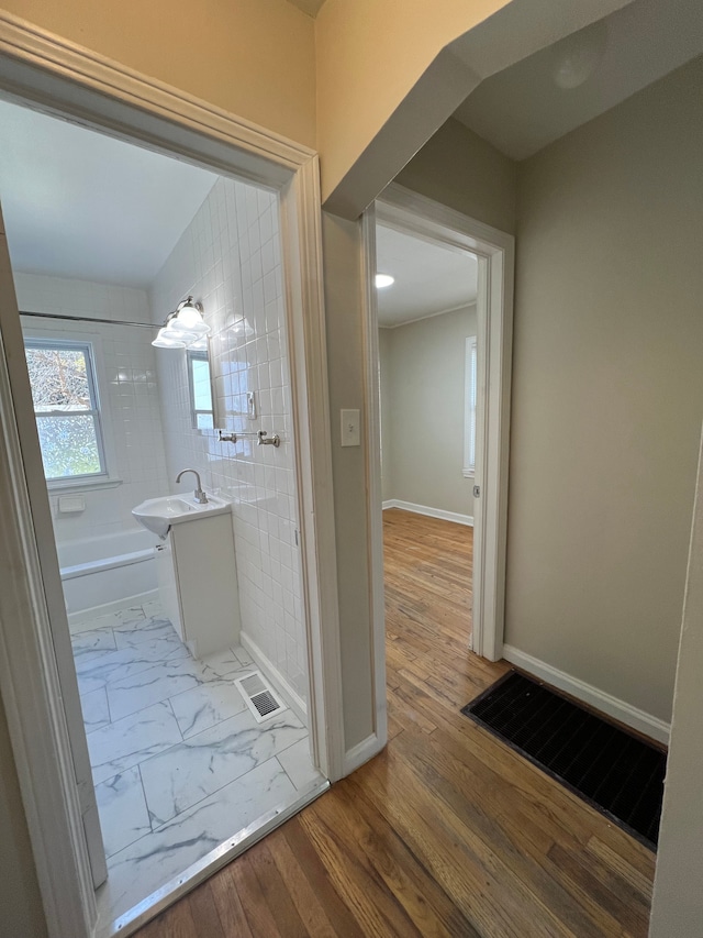 bathroom featuring hardwood / wood-style floors and vanity