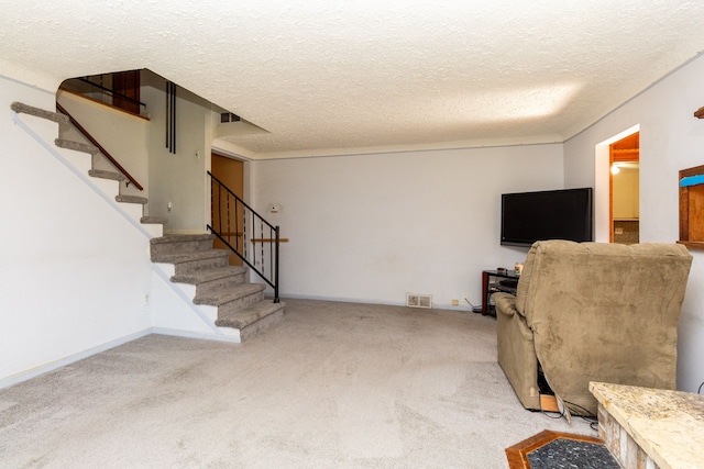 21048 Whitlock St, Farmington Hills, MI 48336 - sitting room featuring carpet, stairs, a textured ceiling, and baseboards