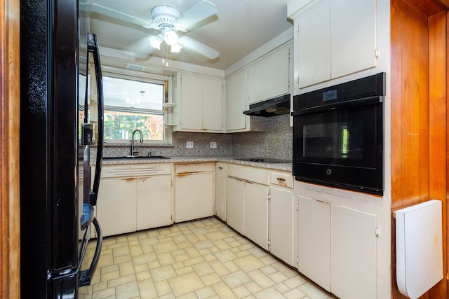 21048 Whitlock St, Farmington Hills, MI 48336 - kitchen featuring black appliances, under cabinet range hood, a sink, backsplash, and ceiling fan