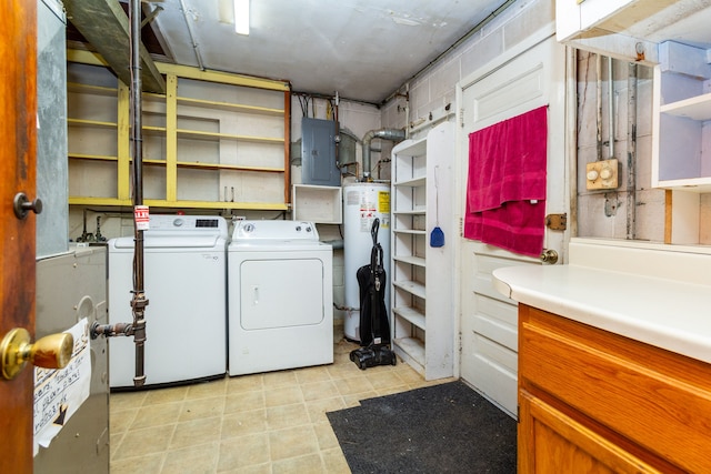 laundry area with washer and dryer, electric panel, and gas water heater