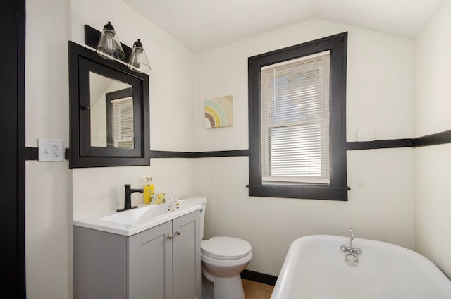 bathroom featuring a healthy amount of sunlight, vanity, toilet, and a tub