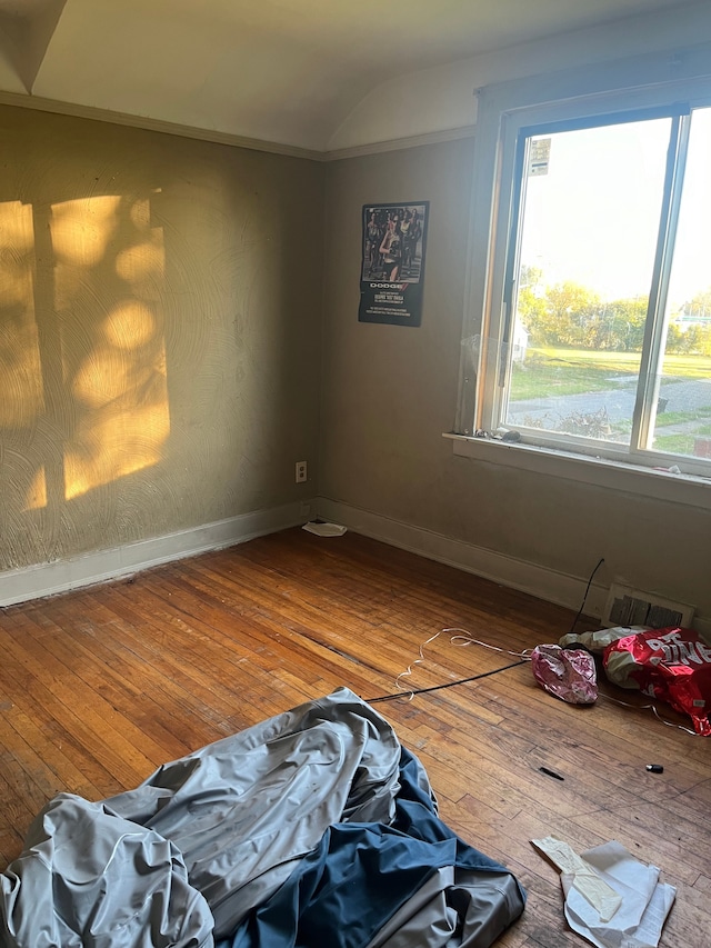 bedroom featuring hardwood / wood-style flooring and vaulted ceiling