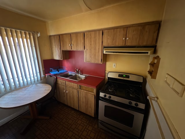 kitchen featuring sink, extractor fan, and stainless steel gas range