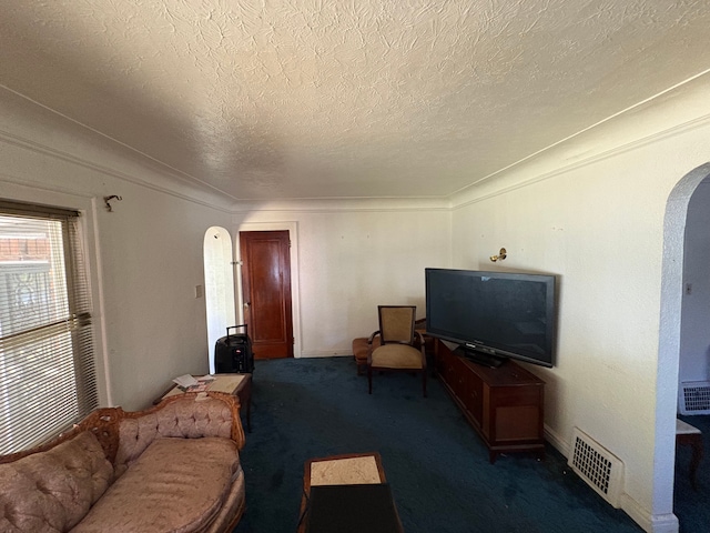 carpeted living room featuring a textured ceiling