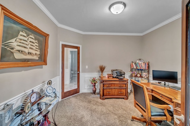 home office featuring carpet floors, ornamental molding, and french doors