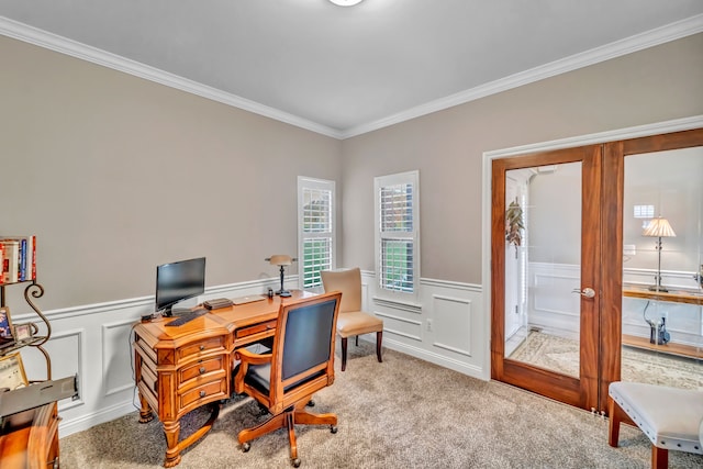 office featuring carpet, french doors, and ornamental molding