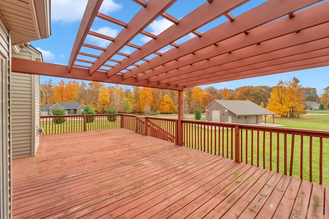 wooden terrace with a pergola and a yard