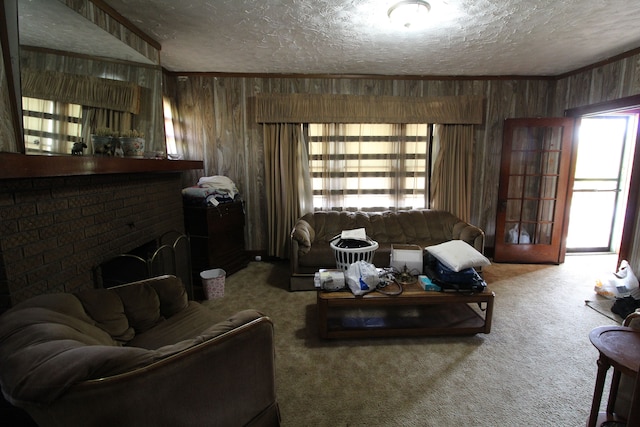 carpeted living room with a textured ceiling