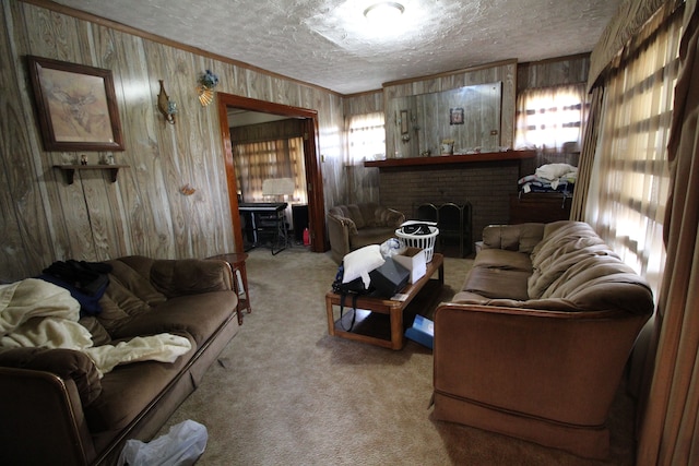 living room featuring a textured ceiling, light colored carpet, and a healthy amount of sunlight