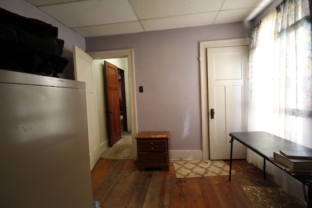 hallway with plenty of natural light, dark hardwood / wood-style flooring, and a drop ceiling