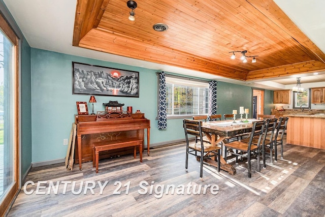 dining room with a tray ceiling, wood ceiling, and dark hardwood / wood-style floors