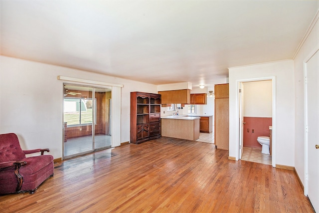 living room featuring light wood-type flooring and ornamental molding