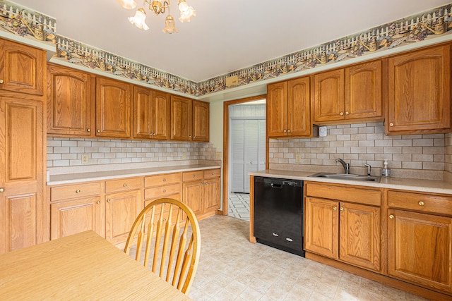 kitchen with backsplash, dishwasher, an inviting chandelier, and sink