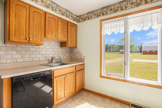 kitchen with decorative backsplash, sink, and black dishwasher