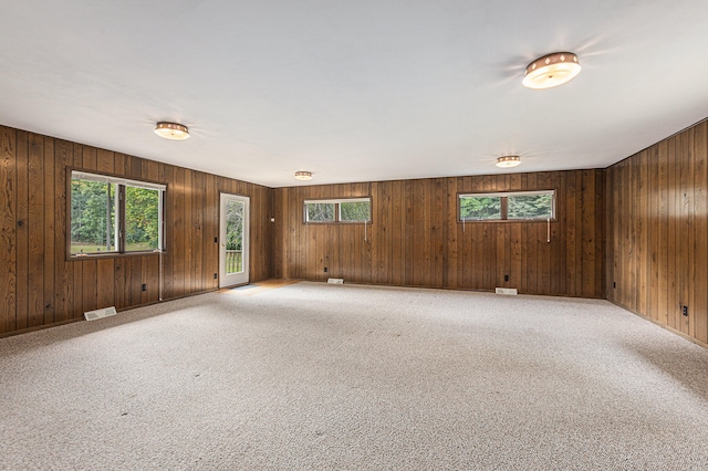 spare room with carpet, a healthy amount of sunlight, and wood walls