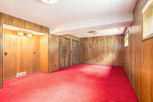 interior space featuring wood walls and carpet floors