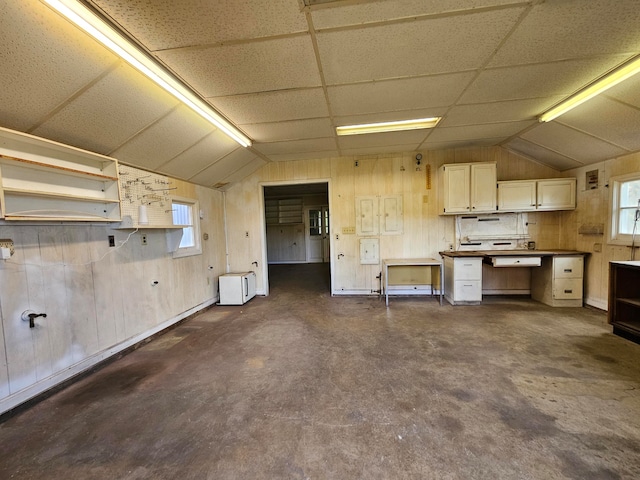 kitchen featuring wooden walls, a healthy amount of sunlight, and vaulted ceiling