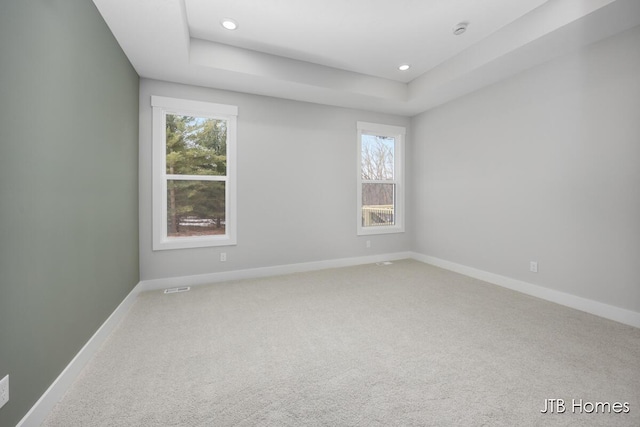 spare room featuring carpet floors, baseboards, and a raised ceiling